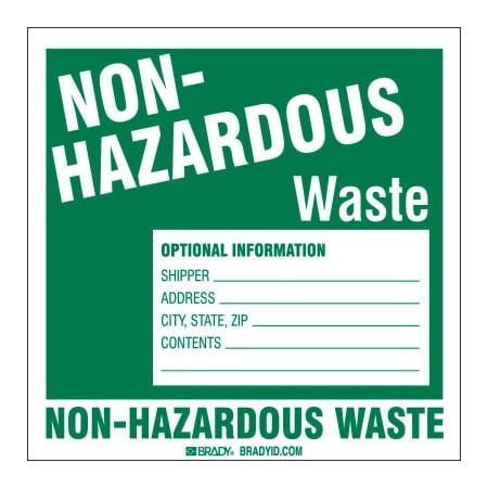 Brady Brady Hazardous Waste Vinyl Label, Non-Hazardous Waste, 6in H X 6in W, Grn/Wht, 50 Pk,  121159